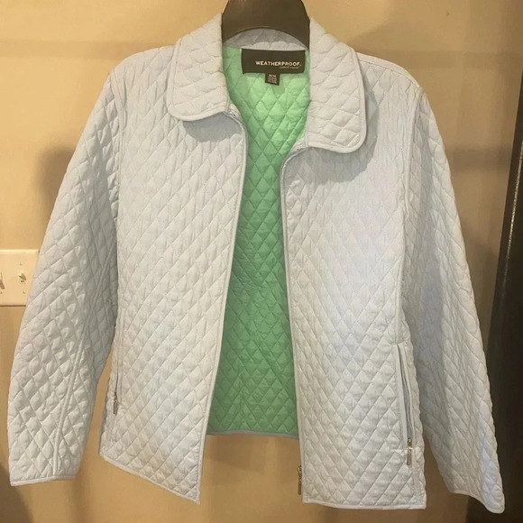 Weatherproof Ladies Medium Soft Blue With Green Interior Jacket Diamond Pattern - Picture 1 of 11
